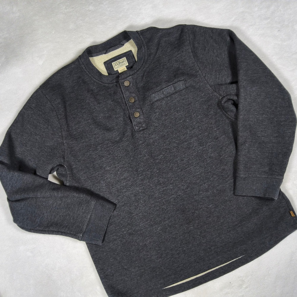 LL Bean Sweater Men Large Gray Katahdin Iron Works Henley Waffle Knit Sherpa